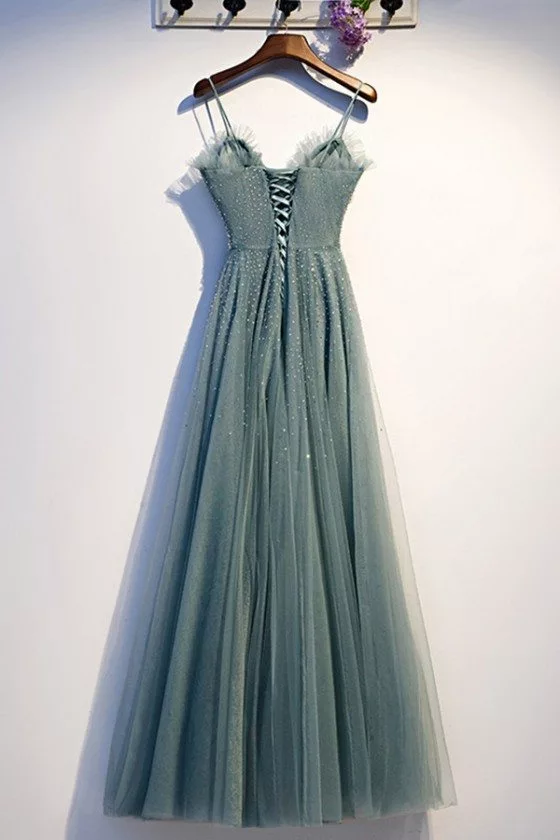 Dusty Blue Tulle Pleated Simple Prom Dress With Cap Sleeves