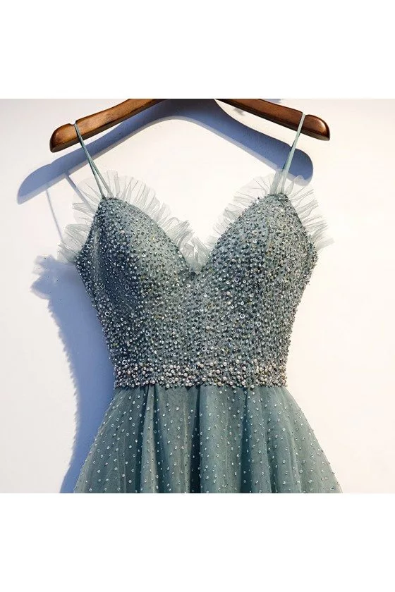 Dusty Long Green Tulle Flowy Prom Dress With Straps - $136.98 #MYS67011 -  SheProm.com