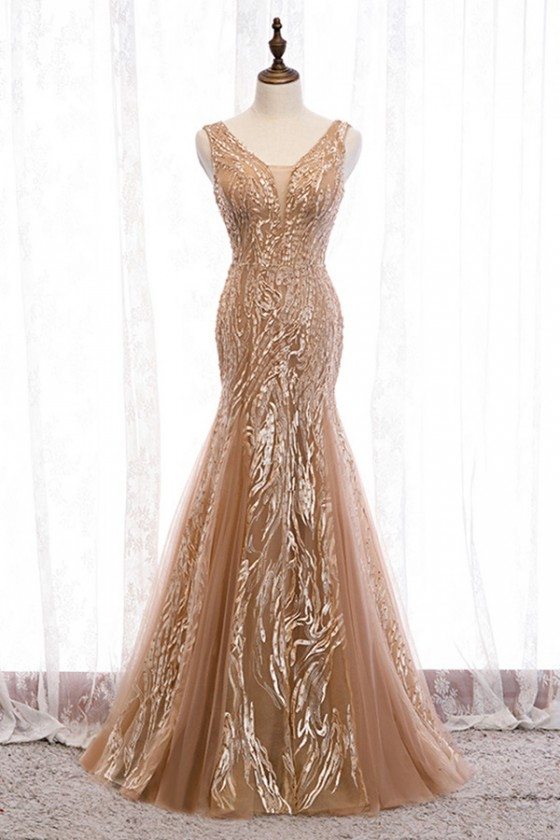Mermaid Long Champagne Tulle Prom Dress With Sparkly Sequins - MYS79015