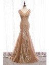 Mermaid Long Champagne Tulle Prom Dress With Sparkly Sequins - MYS79015