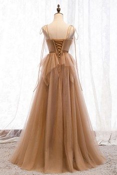 Flowy Brown Long Tulle Prom Dress With Sequins Top - MYS69097
