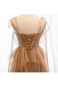 Flowy Brown Long Tulle Prom Dress With Sequins Top - MYS69097