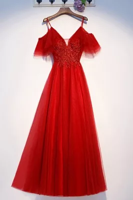 Long Red Tulle Sleeve Cute Party Dress With Straps - MYS69066