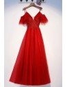 Long Red Tulle Sleeve Cute Party Dress With Straps - MYS69066