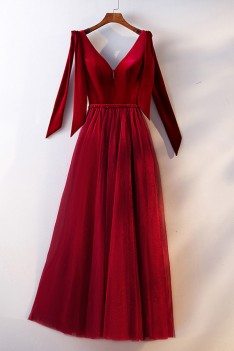 Special Velvet With Tulle Burgundy Long Party Dress With Straps - MYS68063