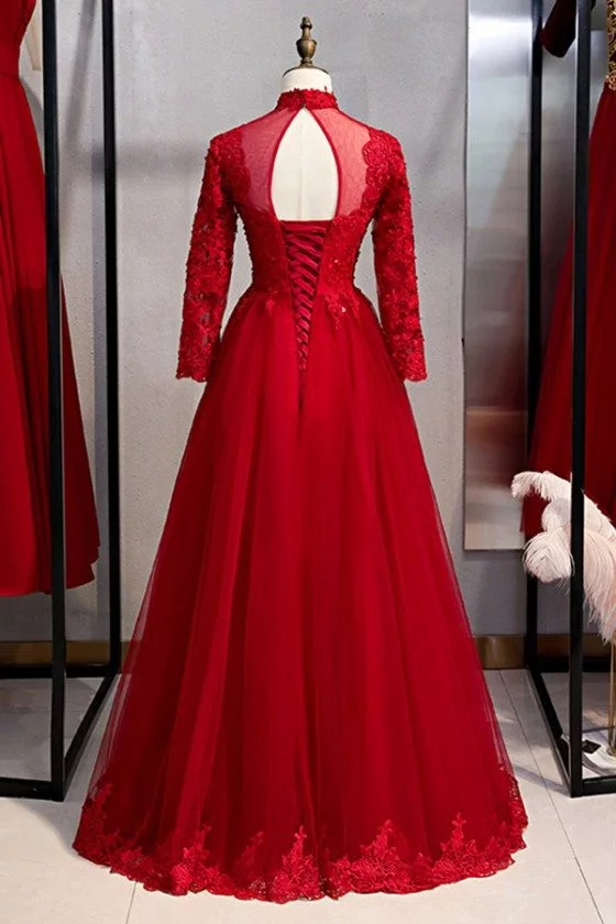 Burgundy Long Tulle Formal Dress With Long Lace Sleeves - $148.9824  #MYS79089 - SheProm.com