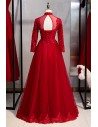 Burgundy Long Tulle Formal Dress With Long Lace Sleeves - MYS79089