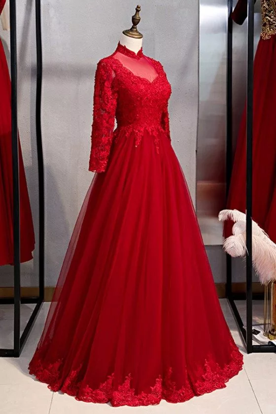 Burgundy Long Tulle Formal Dress With Long Lace Sleeves - $148.9824  #MYS79089 - SheProm.com
