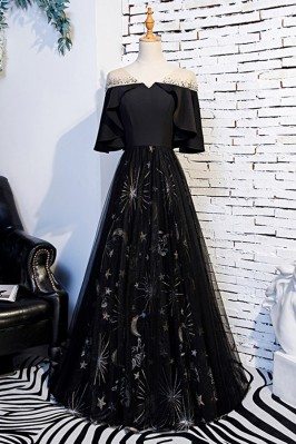 Long Black Special Patterns Prom Party Dress With Ruffle Sleeves - MYS68051