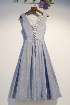 Shinning Grey Mid Length Party Dress With Sheer Vneck - MYS69021