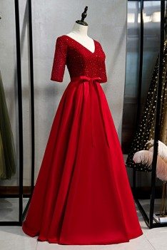 Modest Long Vneck Sequined Formal Dress With Sash - MYS79061