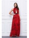 Red Printed Long Halter Open Back Prom Dress - CK457