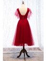 Beaded Lace Vneck Burgundy Tulle Party Dress Midi Length - MYS67027