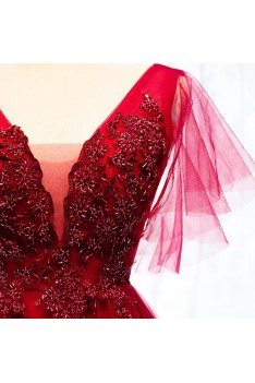 Beaded Lace Vneck Burgundy Tulle Party Dress Midi Length - MYS67027