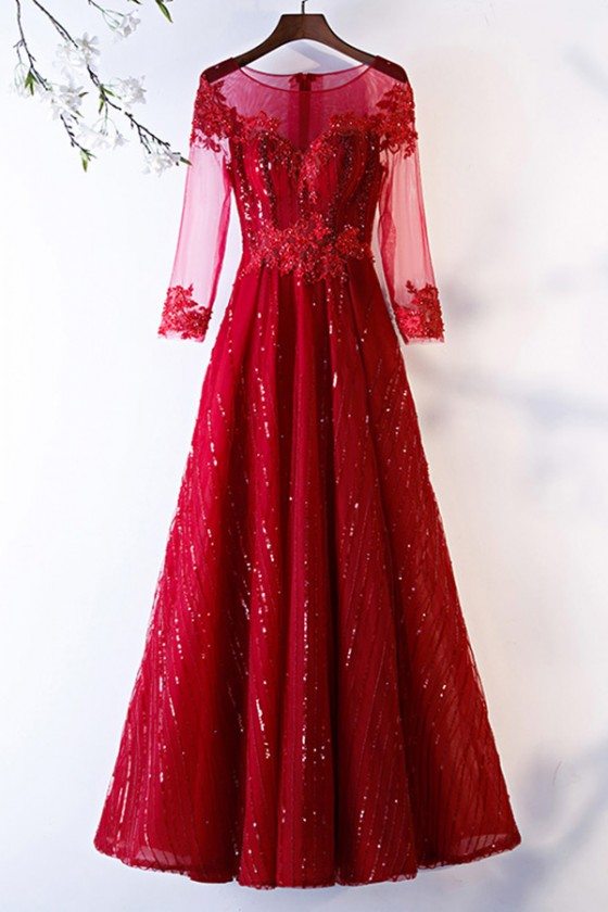 Special Long Sleeve Aline Burgundy Formal Dress With Sequins - MYS68016