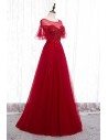 Formal Long Red Tulle Prom Dress With Sheer Neckline - MYS78006