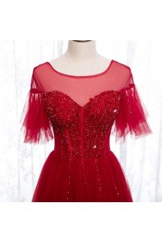 Formal Long Red Tulle Prom Dress With Sheer Neckline - MYS78006