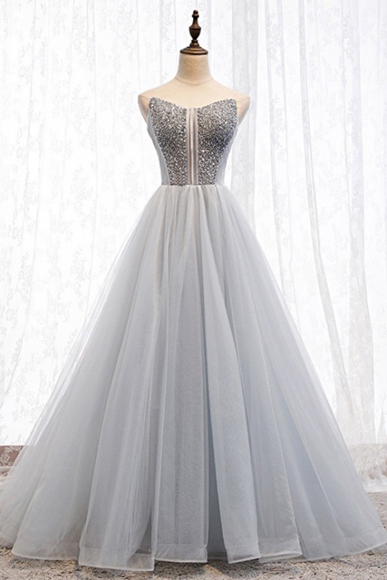 Strapless Silver Sequins Ballgown Tulle Prom Dress Grey - MYS69094