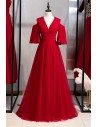 Long Burgundy Formal Dress Vneck With Special Cold Shoulder - MYS78001