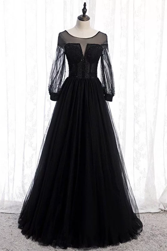 Black Tulle Formal Aline Evening Prom Dress Long Sleeves - $142.879 # ...