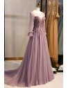 Beaded Appliques Lace Purple Tulle Prom Dress With Long Sleeves - MYS78058