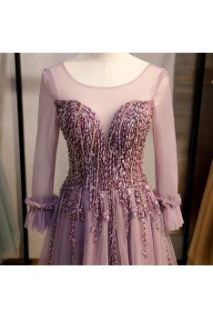 Beaded Appliques Lace Purple Tulle Prom Dress With Long Sleeves - MYS78058