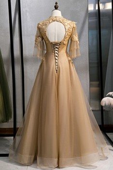 Formal Long Gold Champagne Evening Dress With Illusion Embroidery - MYS79057