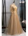 Formal Long Gold Champagne Evening Dress With Illusion Embroidery - MYS79057