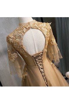 Formal Long Gold Champagne Evening Dress With Illusion Embroidery - MYS79057