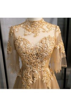 Formal Long Gold Champagne Evening Dress With Illusion Embroidery - MYS79057