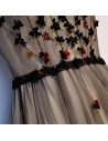 Long Tulle Aline Prom Dress Black Vneck With Flowers - MYS69086