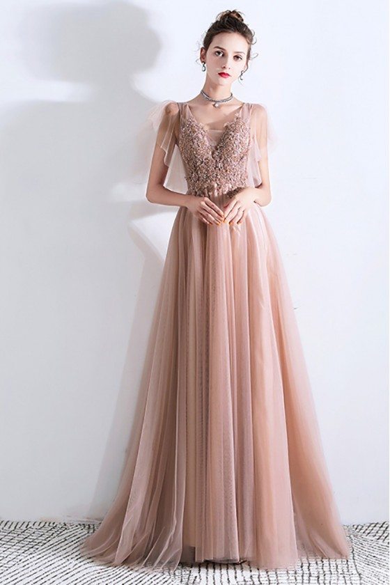 Flowy Champagne Long Tulle Prom Dress Modest With Puffy Sleeves - $143. ...