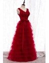 Burgundy Layered Long Tulle Wedding Party Dress With Sash - MYS79019