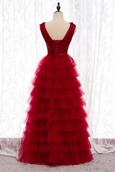 Burgundy Layered Long Tulle Wedding Party Dress With Sash - MYS79019