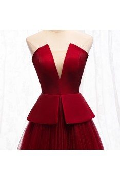 Formal Chic Burgundy Tulle Evening Dress Strapless - MYS67021