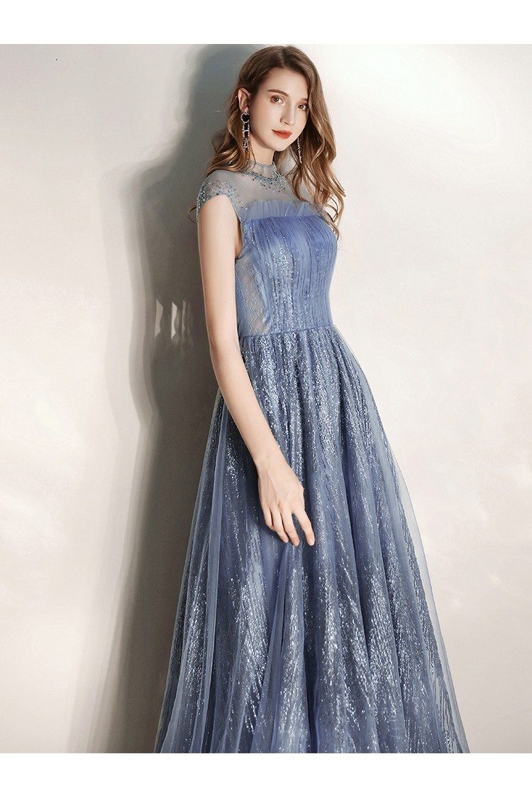 Mistery Blue Sparkly Long Prom Dress With Illusion High Neck - $150.89 ...