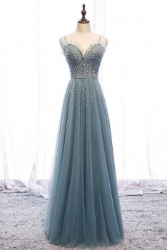 Bling Sequins Long Tulle Slim Prom Dress Dusty Green With Straps - MYS79002