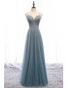 Bling Sequins Long Tulle Slim Prom Dress Dusty Green With Straps - MYS79002