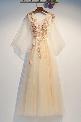 Luxe Embroidery Champagne Long Tulle Prom Dress With Cape Sleeves - MYS69024