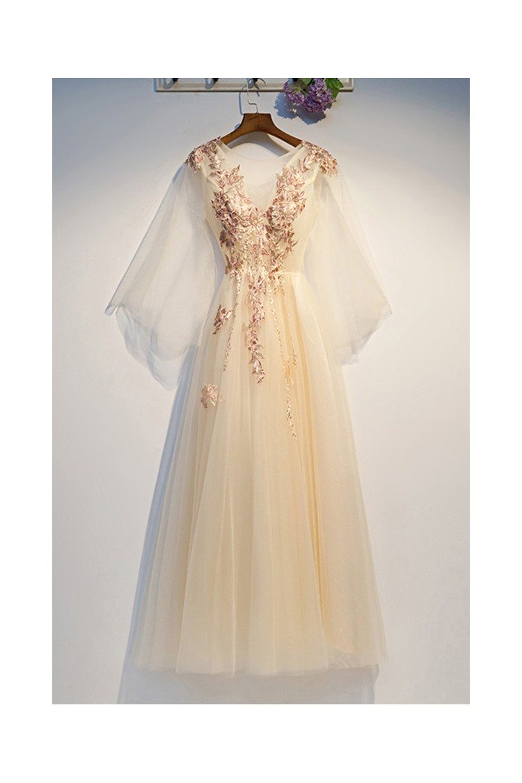 Gorgeous Champagne Long Tulle Prom Dress with Jewel Ruffles Sleeves & Beadings