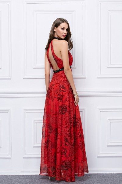 Red Printed Long Halter Open Back Prom Dress - $85 #CK457 - SheProm.com
