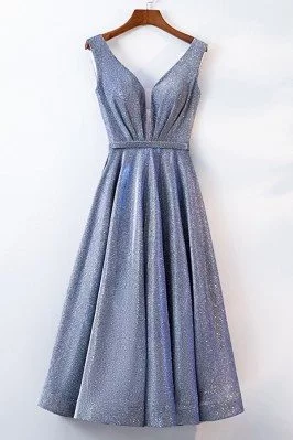 Special Vneck Tea Length Party Dress With Metallic Fabric - MYS68044