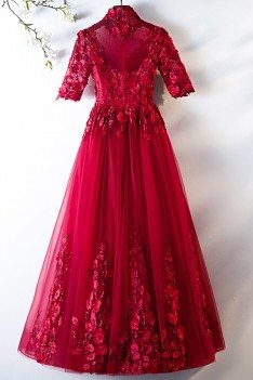 Formal Long Burgundy Tulle Party Dress With Half Sleeves - MYS79056