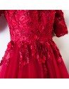 Formal Long Burgundy Tulle Party Dress With Half Sleeves - MYS79056