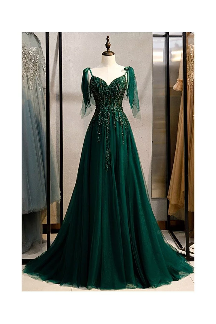 Green Prom Dress 2023 A-line One-shoulder Sleeveless Tulle With Appliques Sash/Ribbon Bow(s ...