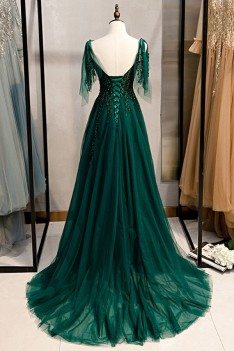Flowy Long Tulle Dark Green Prom Dress With Train Beaded Appliques - MYS78059