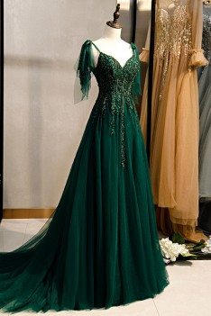 Flowy Long Tulle Dark Green Prom Dress With Train Beaded Appliques - MYS78059