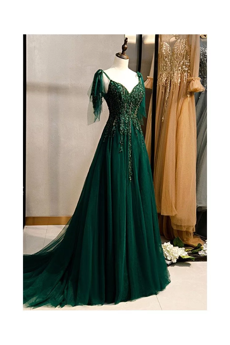 Flowy Long Tulle Dark Green Prom Dress With Train Beaded Appliques ...