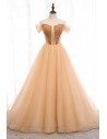 Gorgeous Off Shoulder Long Prom Dress Champagne Gold With Bling - MYS79026