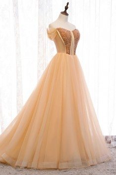 Gorgeous Off Shoulder Long Prom Dress Champagne Gold With Bling - MYS79026